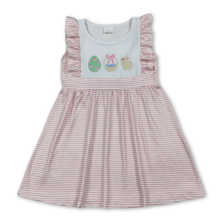 GSD2957  RTS Pink stripe easter egg embroidery girl  short sleeve dress
