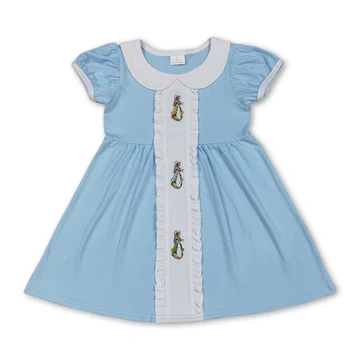 GSD2961 RTS Blue easter bunny embroidery girl  short sleeve dress