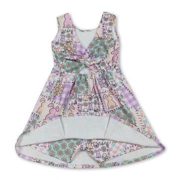 GSD3051 RTS pink easter bunny flowers print girl  sleeveless yoga dress