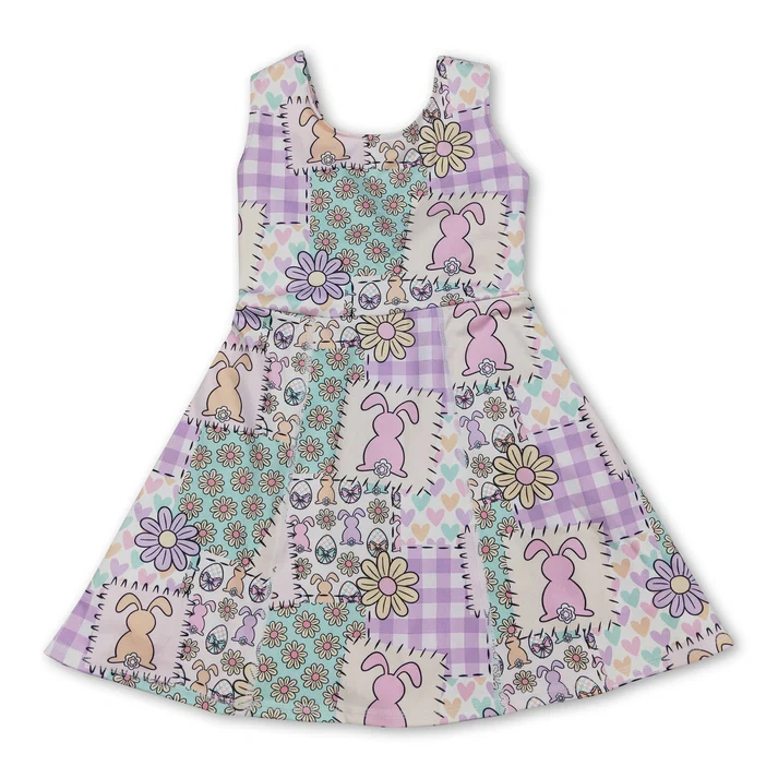 GSD3051 RTS pink easter bunny flowers print girl  sleeveless yoga dress