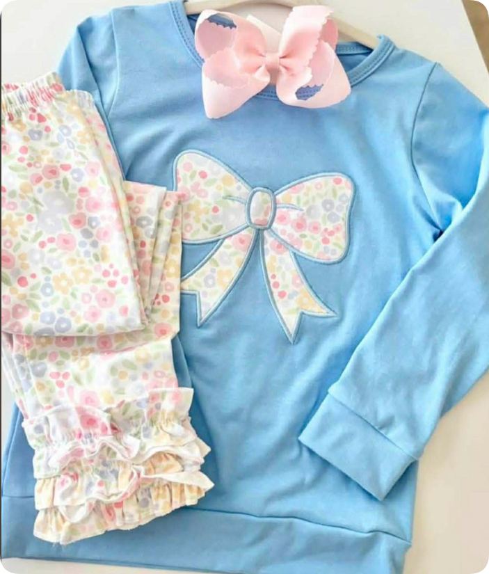 GT1538 Blue floral bows embroidery girl long sleeve set