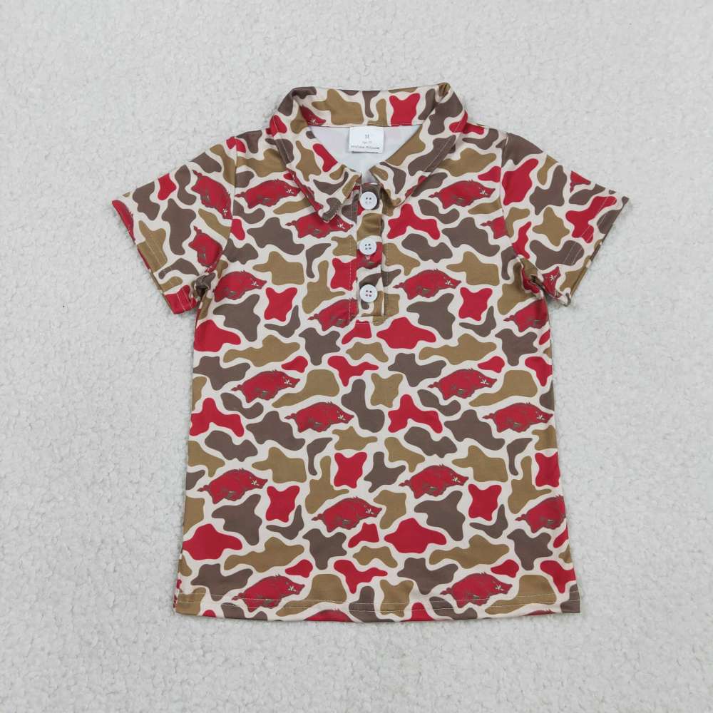 BT1693 Team Wild Boars red and green camouflage button-down collar short-sleeved shirt