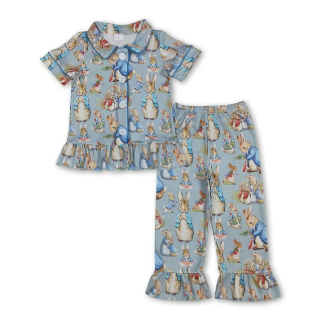GSPO2097 Blue easter bunny print Short sleeve girl outfits