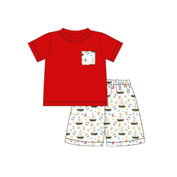 Baby Boys Short Sleeve Pocket Top Boats Fishing Short Clothes Sets Preorder