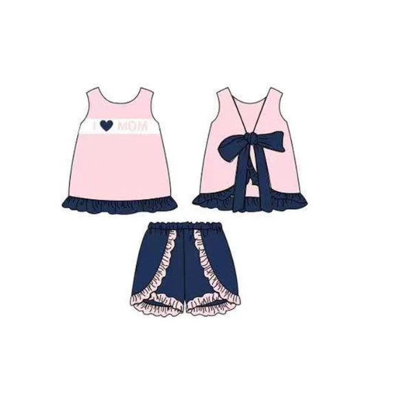 Baby Girls I Love Mom Back Bow Tunic Ruffle Shorts Clothes Set Preorder