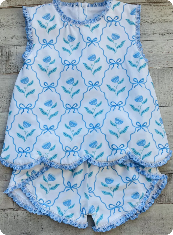 Baby Girls Blue Bow Flowers Checked Tunic Ruffle Shorts Clothes Set Preorder