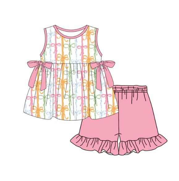 Baby Girls Colorful Bows Stripe Tunic Ruffle Shorts Clothes Set Preorder