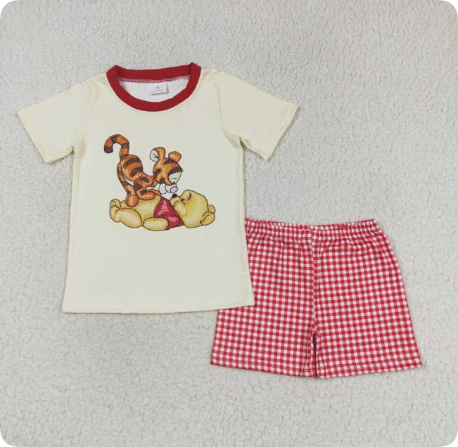 BSSO0939 Beige short-sleeved shirt and red plaid shorts set