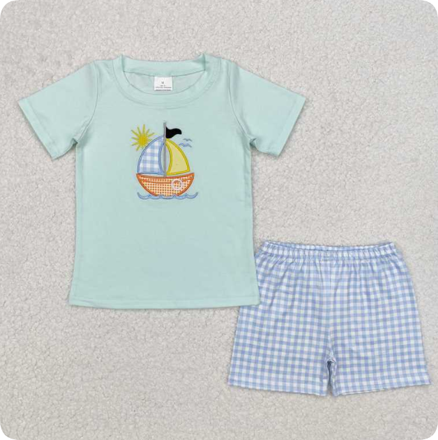 BSSO1048 Embroidered Sun Sailboat Light Blue Short-Sleeve T-Shirt and Blue Plaid Shorts Set