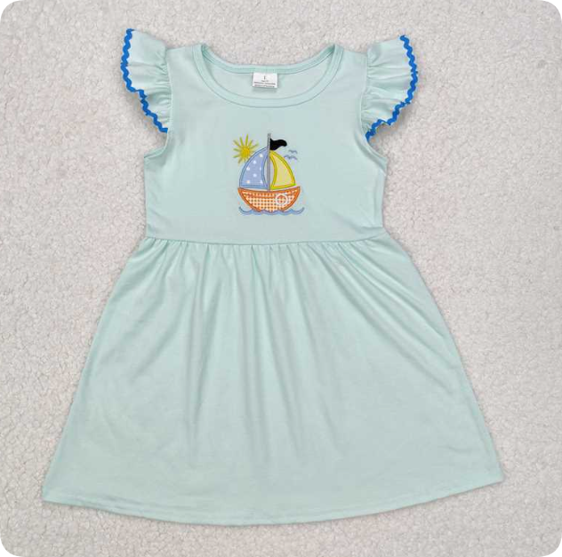 GSD1539 Embroidered sun sailboat light blue flutter sleeve dress