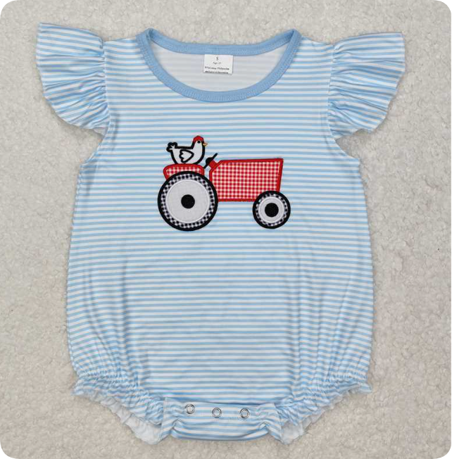 SR2407 Embroidered Chicken Tractor Blue Striped Vest Jumpsuit