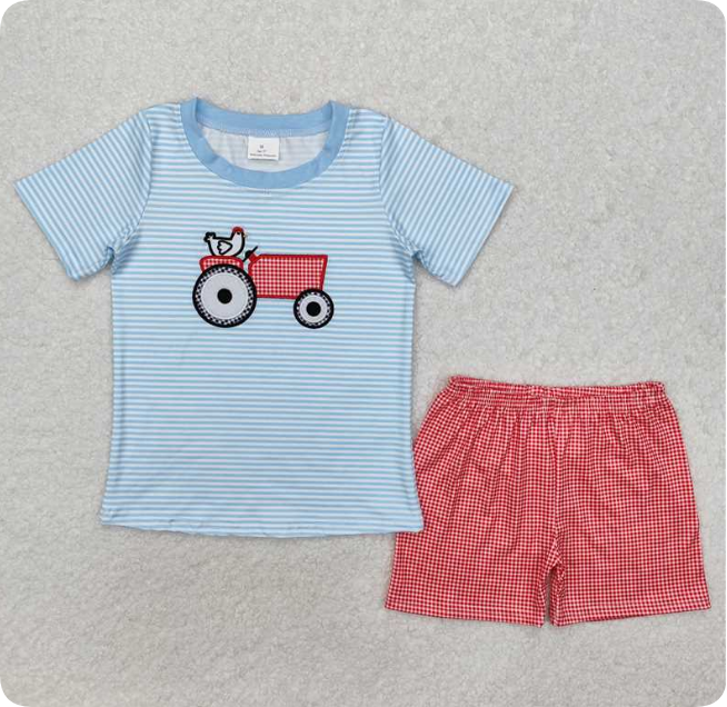 BSSO1172 Embroidered Chicken Tractor Blue Striped Short-Sleeve Set with Red Plaid Shorts