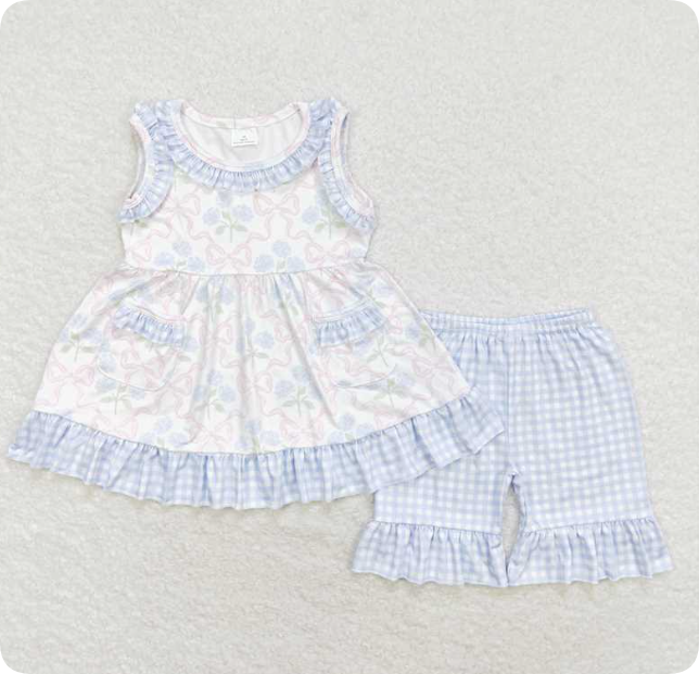 GSSO1051 Blue floral and pink bow pattern plaid sleeveless shorts set