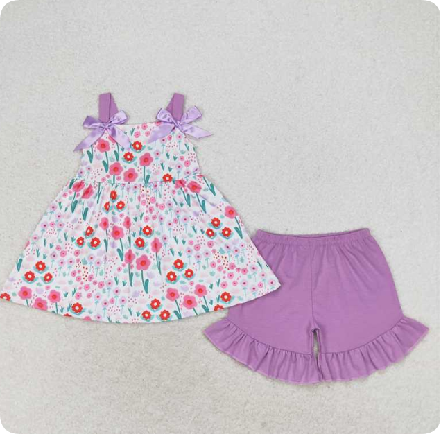 GSSO0992 Purple floral lace bow sleeveless shorts set