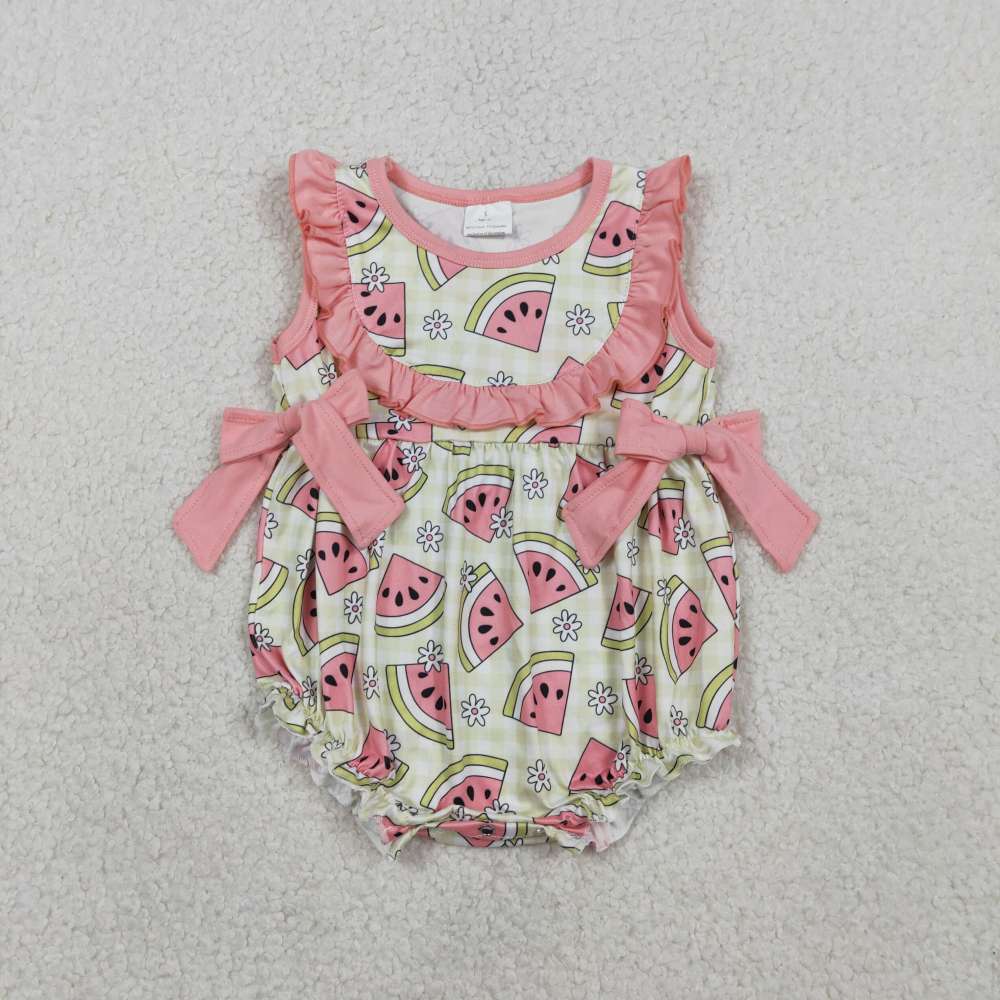 SR3920 watermelon flowers  green sleeveless Romper