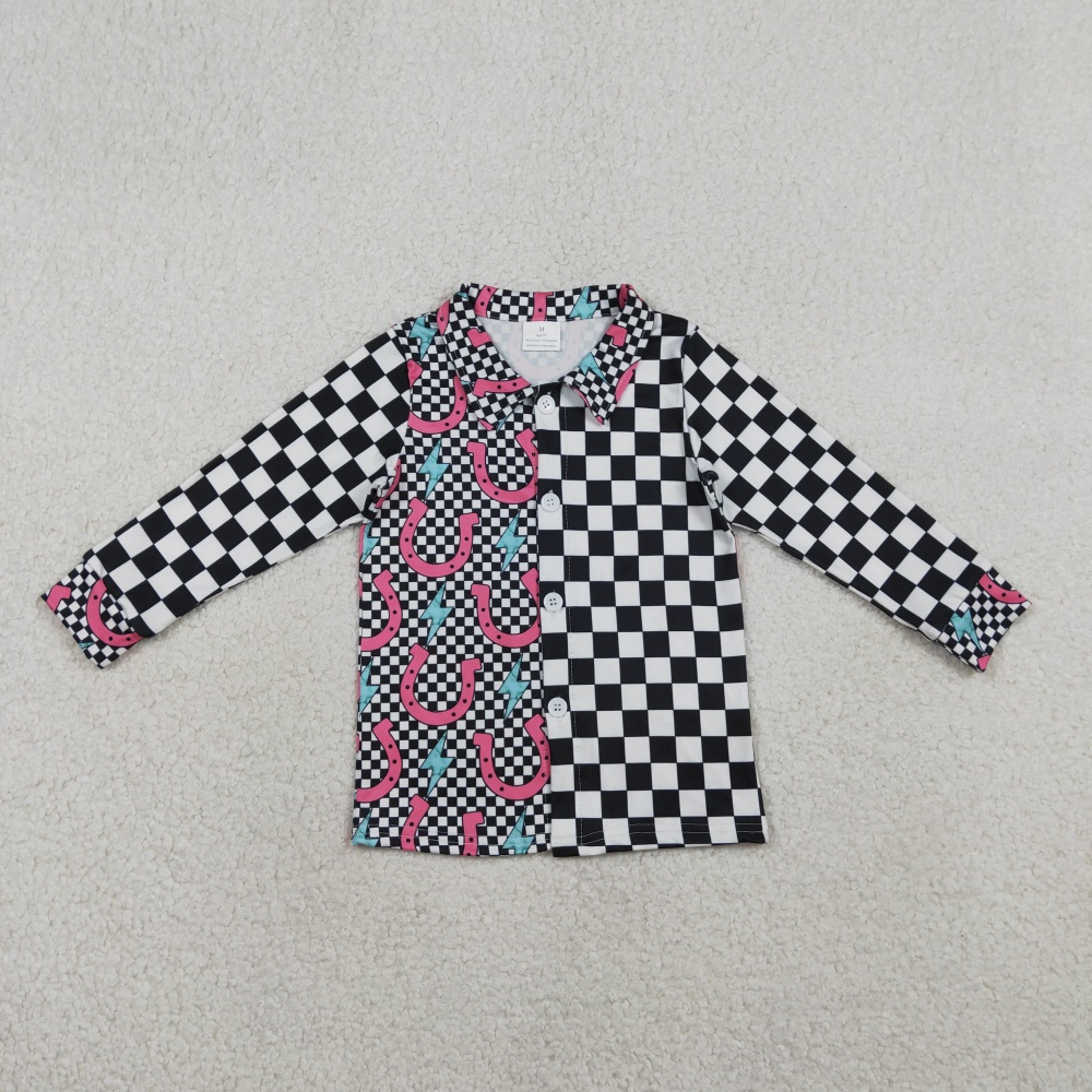 GT1509  RTS Black plaid lighting Print long sleeve girl t-shirt