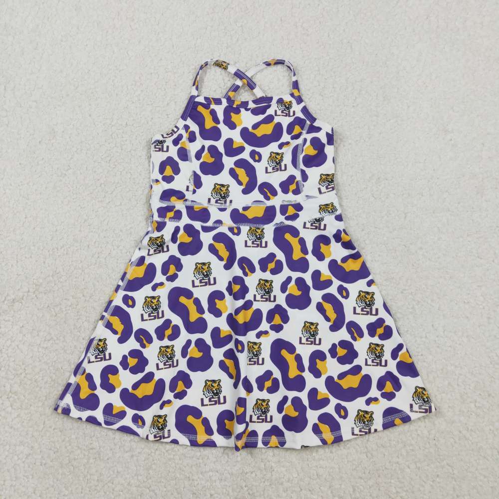 GSD3639 RTS Purple yellow leopard print girl sleeveless yoga dress