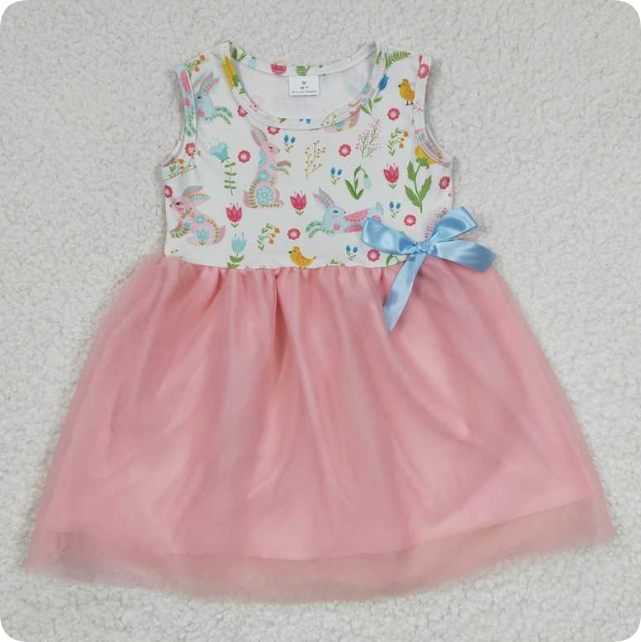 GSD0238 Girl's Colorful Bunny Sleeveless Mesh Dress