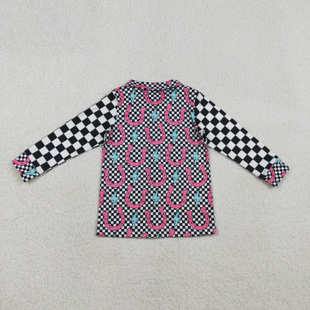 GT1509  RTS Black plaid lighting Print long sleeve girl t-shirt