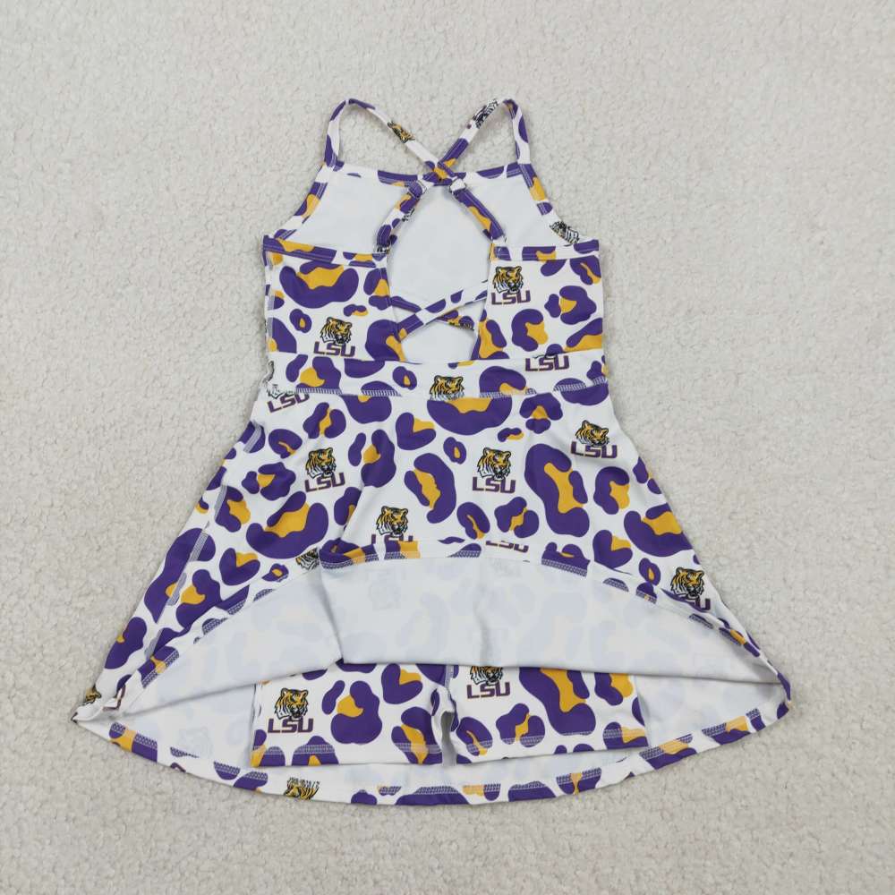 GSD3639 RTS Purple yellow leopard print girl sleeveless yoga dress