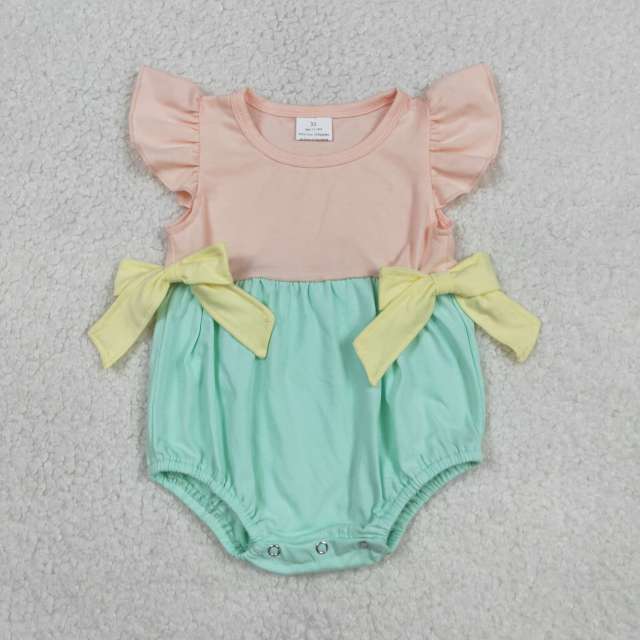 SR3662 Orange green solid patchwork short sleeve Romper