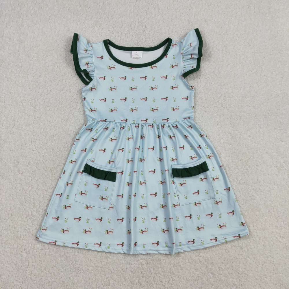 GSD3679  RTS Blue duck print girl flying sleeve dress