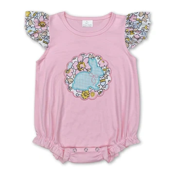 SR2054 pink flowers Easter bunny  short sleeve Romper