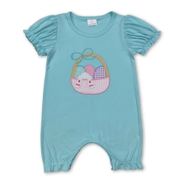 SR2292 Blue Easter egg embroidery short sleeve Girl Romper