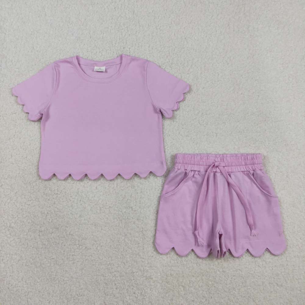 GSSO3173  purple solid Print Short sleeve girl SCALLOP  outfits