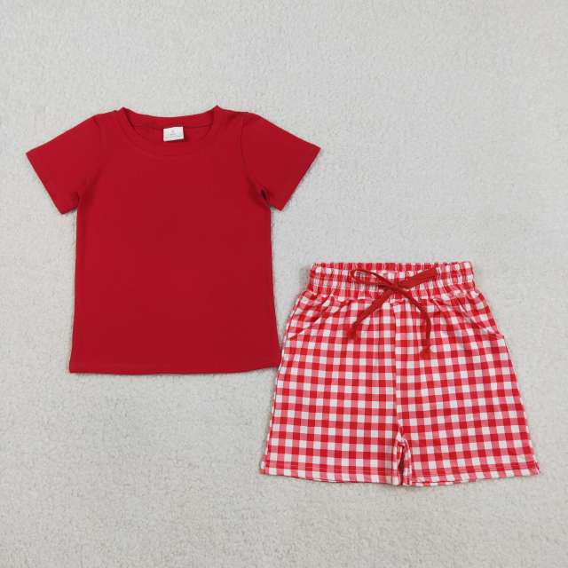 BSSO1884   RTS Red solid  print  short sleeve boy outfits
