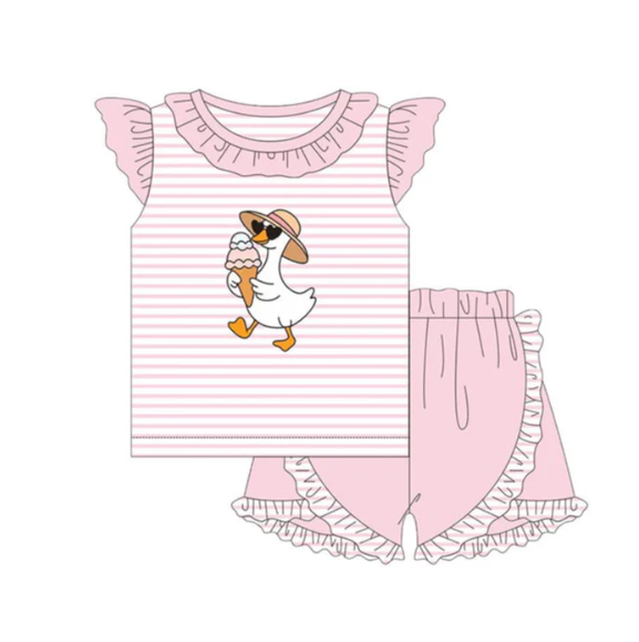 Baby Girls Pink Stripe Ice Cream Goose Top Ruffle Short Clothes Sets Preorder