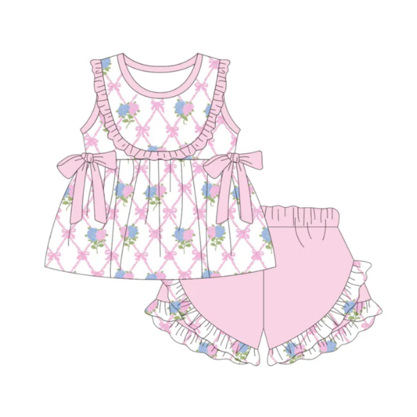Baby Girls Flowers Bows Checked Tunic Ruffle Short Clothes Sets Preorder