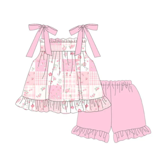 Baby Girls Pink Flowers Checked Tunic Ruffle Short Clothes Sets Preorder