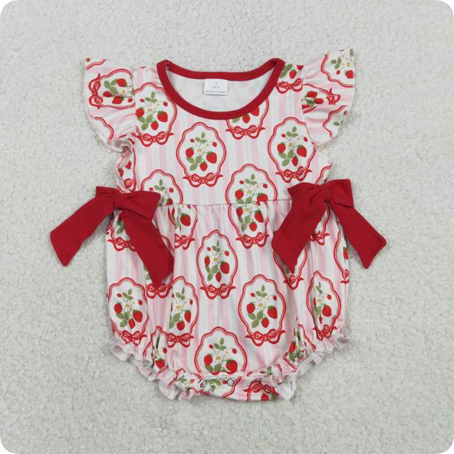 SR3890 Pink striped vest ROMPER  with strawberry bow pattern