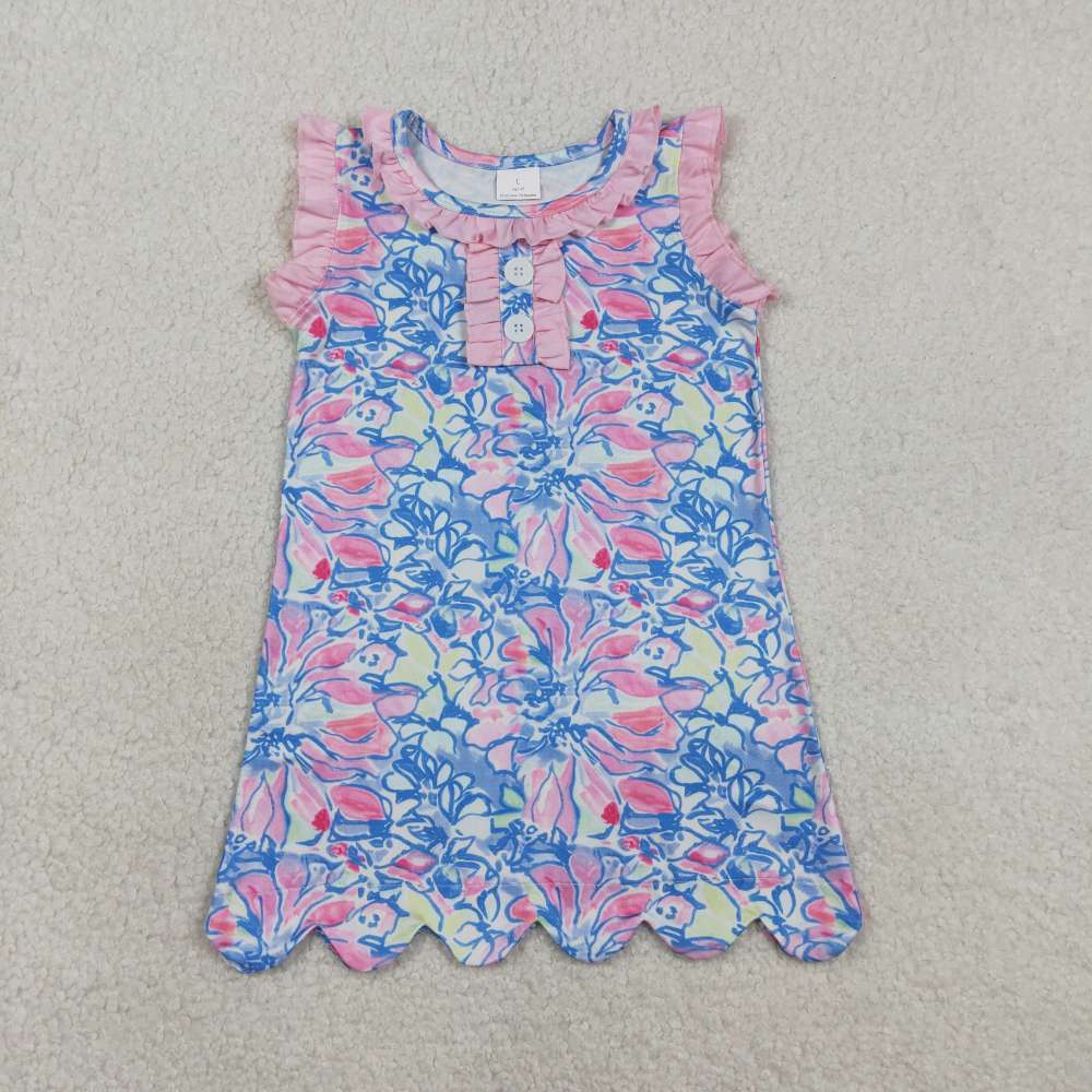 GSD3627  RTS Blue flowers print scallop dress
