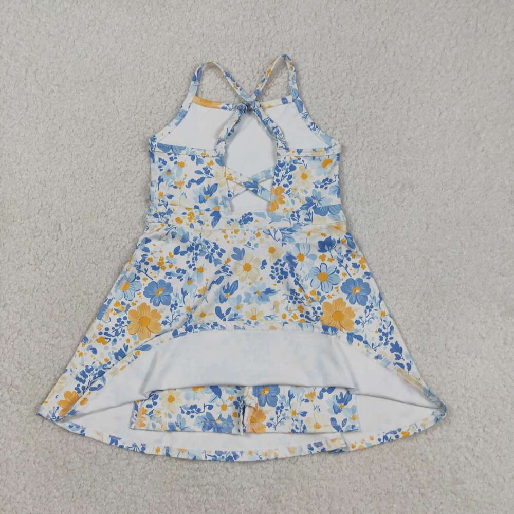 GSD3565  RTS Yellow blue flowers active girl yoga dress