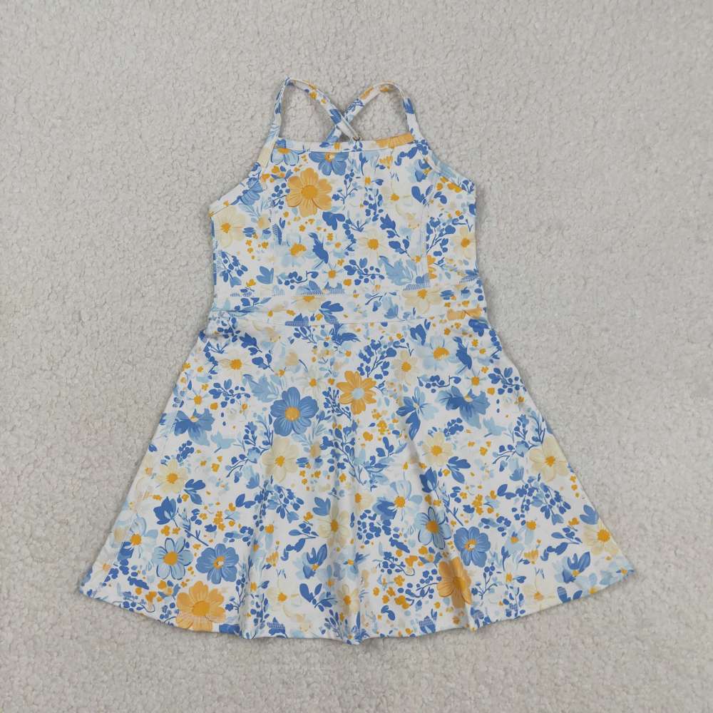 GSD3565  RTS Yellow blue flowers active girl yoga dress