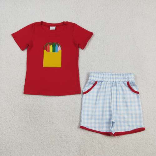 BSSO1819 RTS Red Crayon print  short sleeve boy back to school outfits