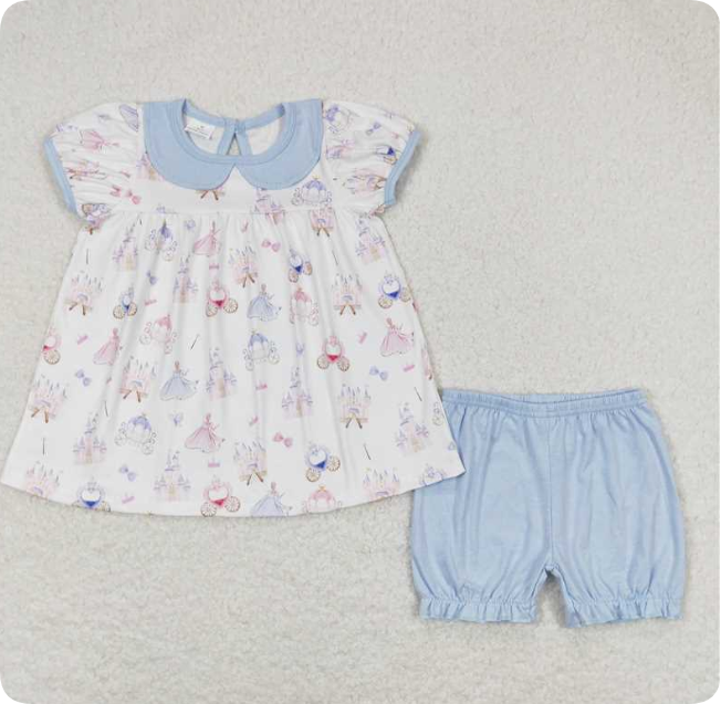 GSSO1046 Blue Peter Pan Collar White Short-Sleeved Shorts Set