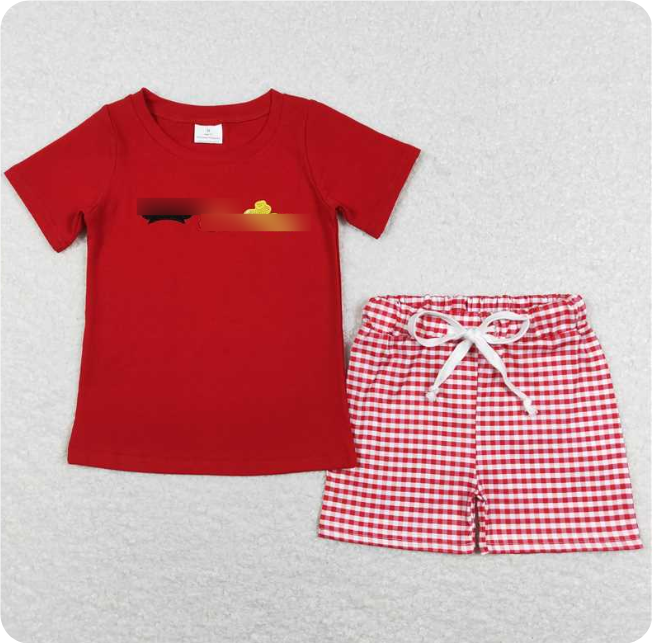 BSSO0416 Embroidered red short-sleeved plaid shorts set