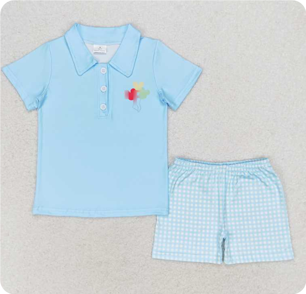 BSSO0683 Blue short-sleeved plaid shorts suit