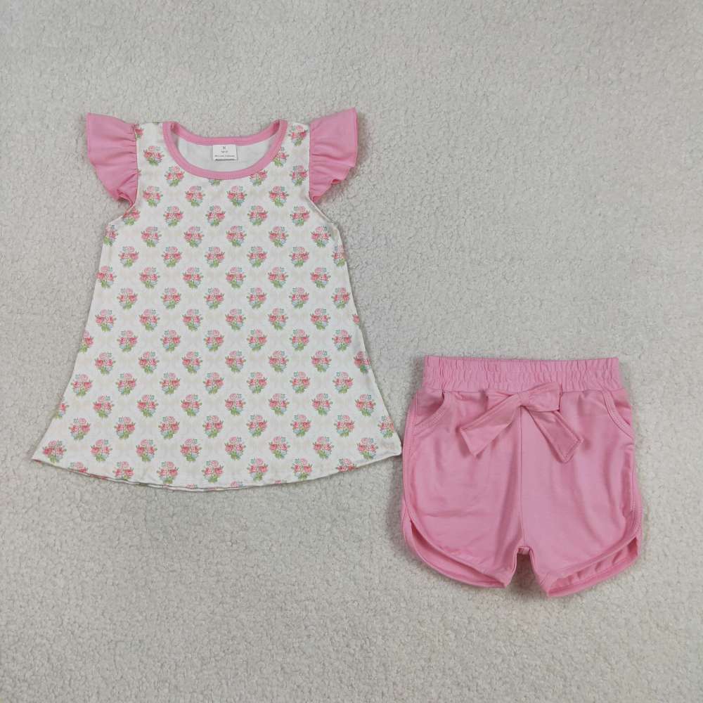 GSSO2853 Pink flowers Print flying sleeve girl outfits