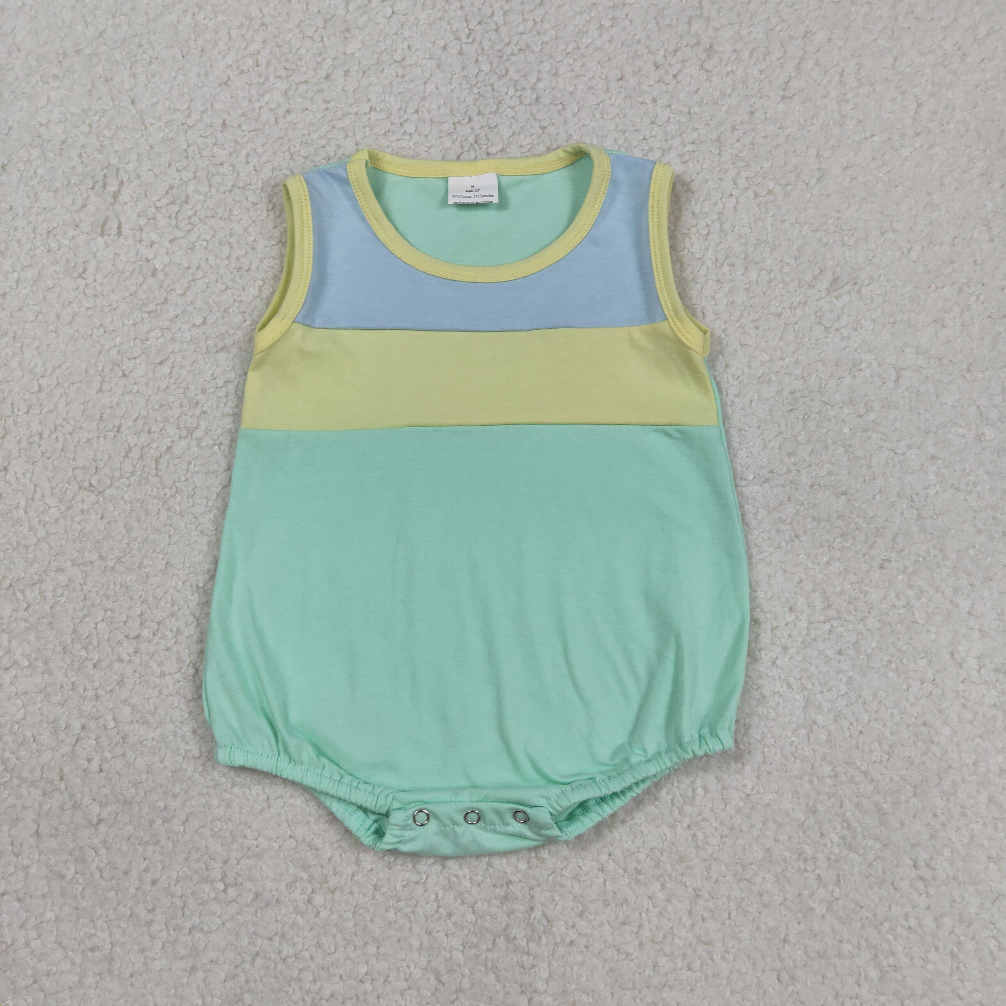 SR3660  blue yellow green solid patchwork print sleeveless Romper