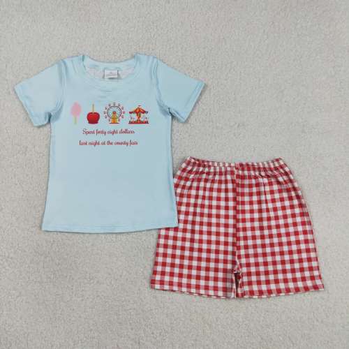 BSSO1482 RTS Blue pattern print  short sleeve boy outfits