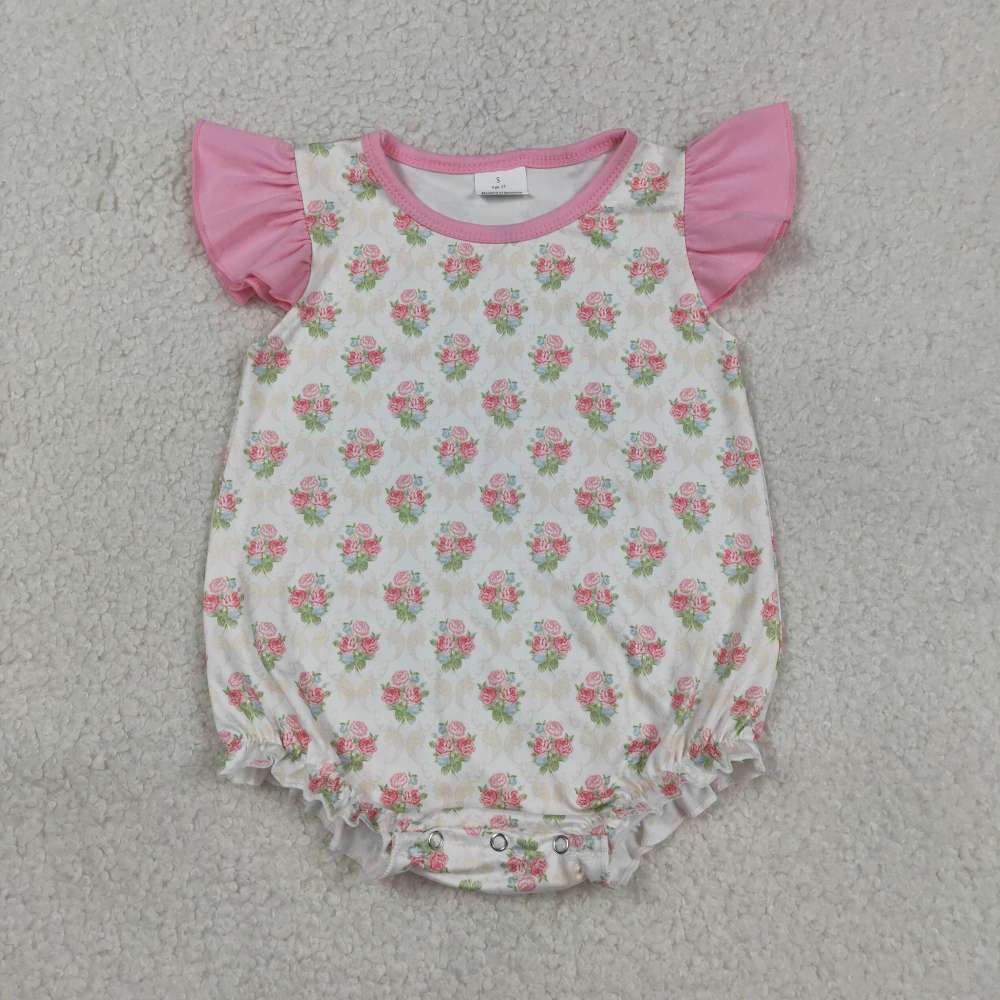 SR3677Pink flowers print flying  sleeve Romper