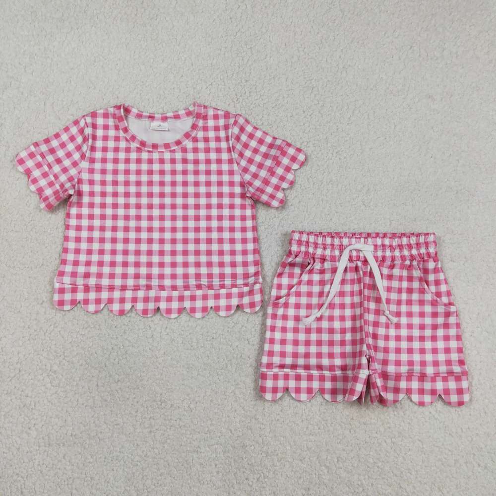 GSSO3186  Pink plaid Print short sleeve girl Scallop outfits