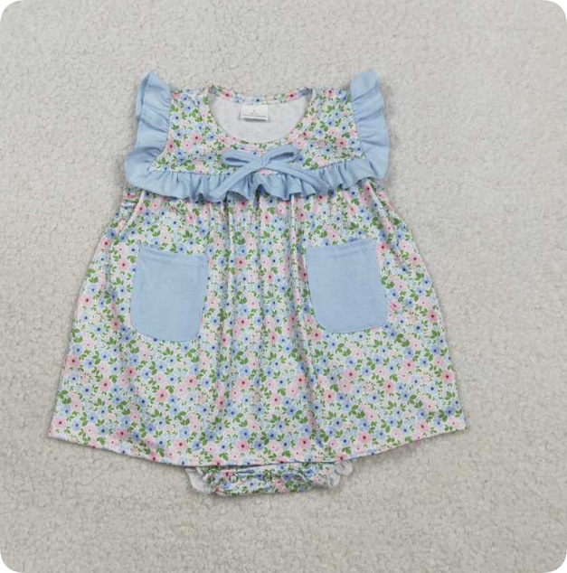 SR3752 Floral print blue lace pocket vest romper
