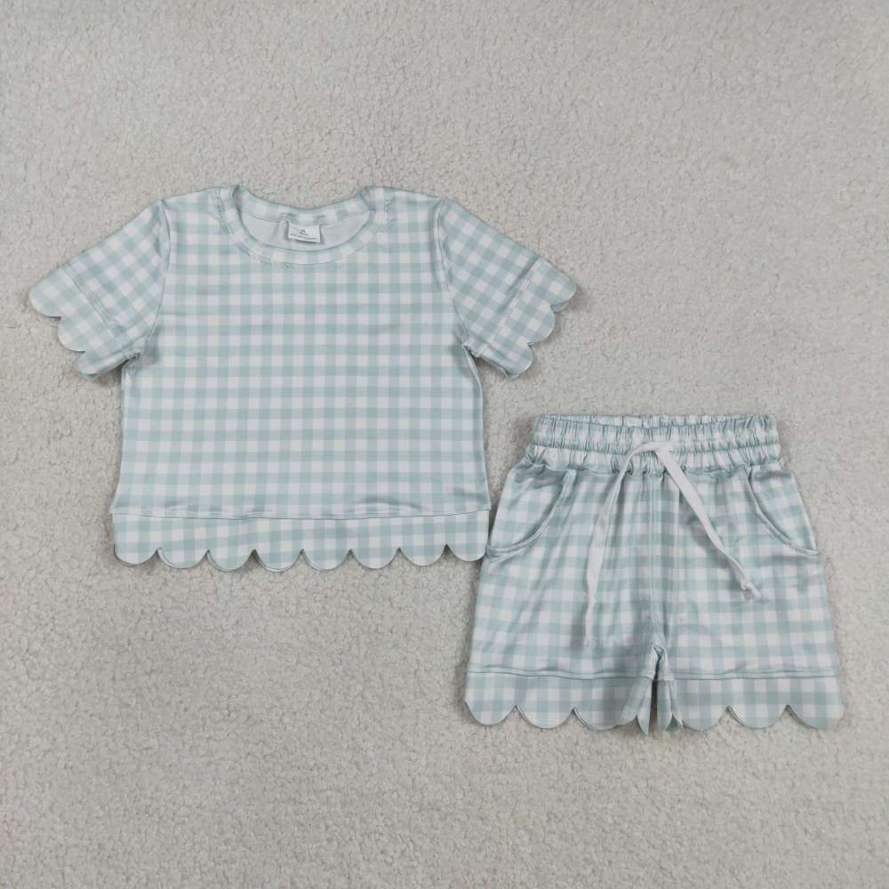 GSSO3184 Sky blue Print short sleeve girl Scallop outfits