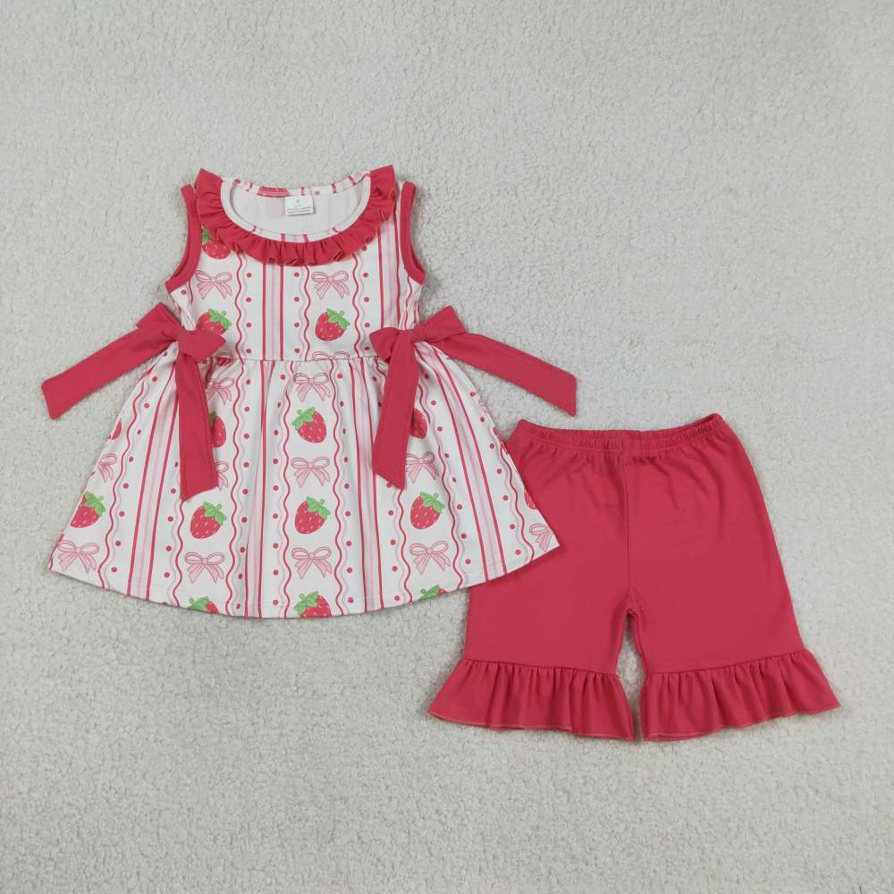 GSSO3276  Pink bows strawberry Print sleeveless girl bows outfits