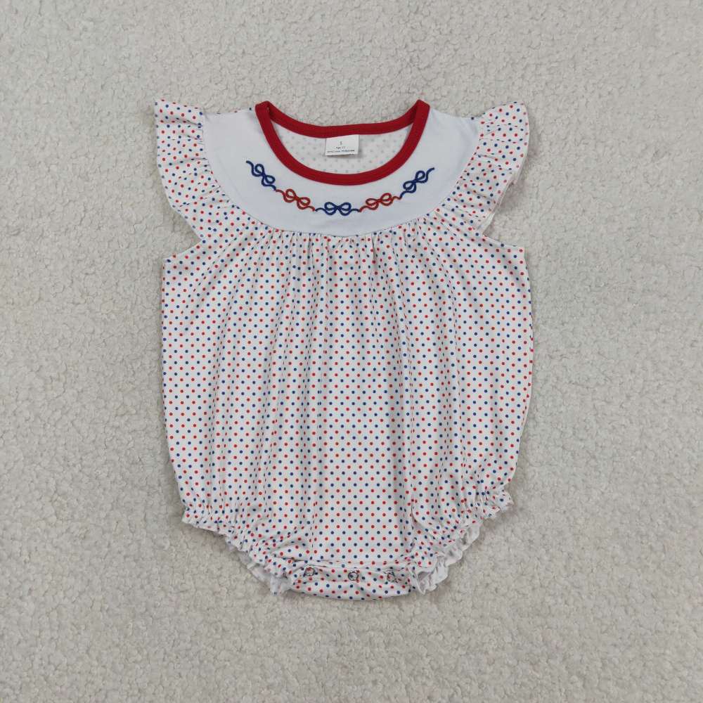 SR3706  red blue  polka bows  embroidery flying sleeve Romper